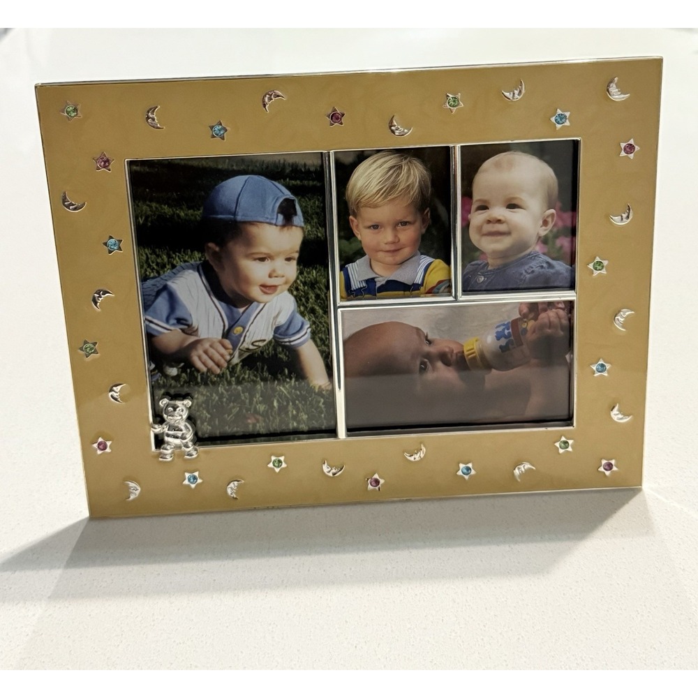 Astor Lane‎ Multi Photo Frame Silver Metal Yellow Enamel Baby Bear NEW In Box